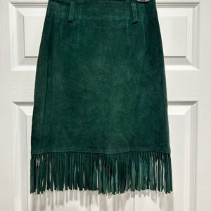 Suede Emerald Green A-Line Skirt with Fringe